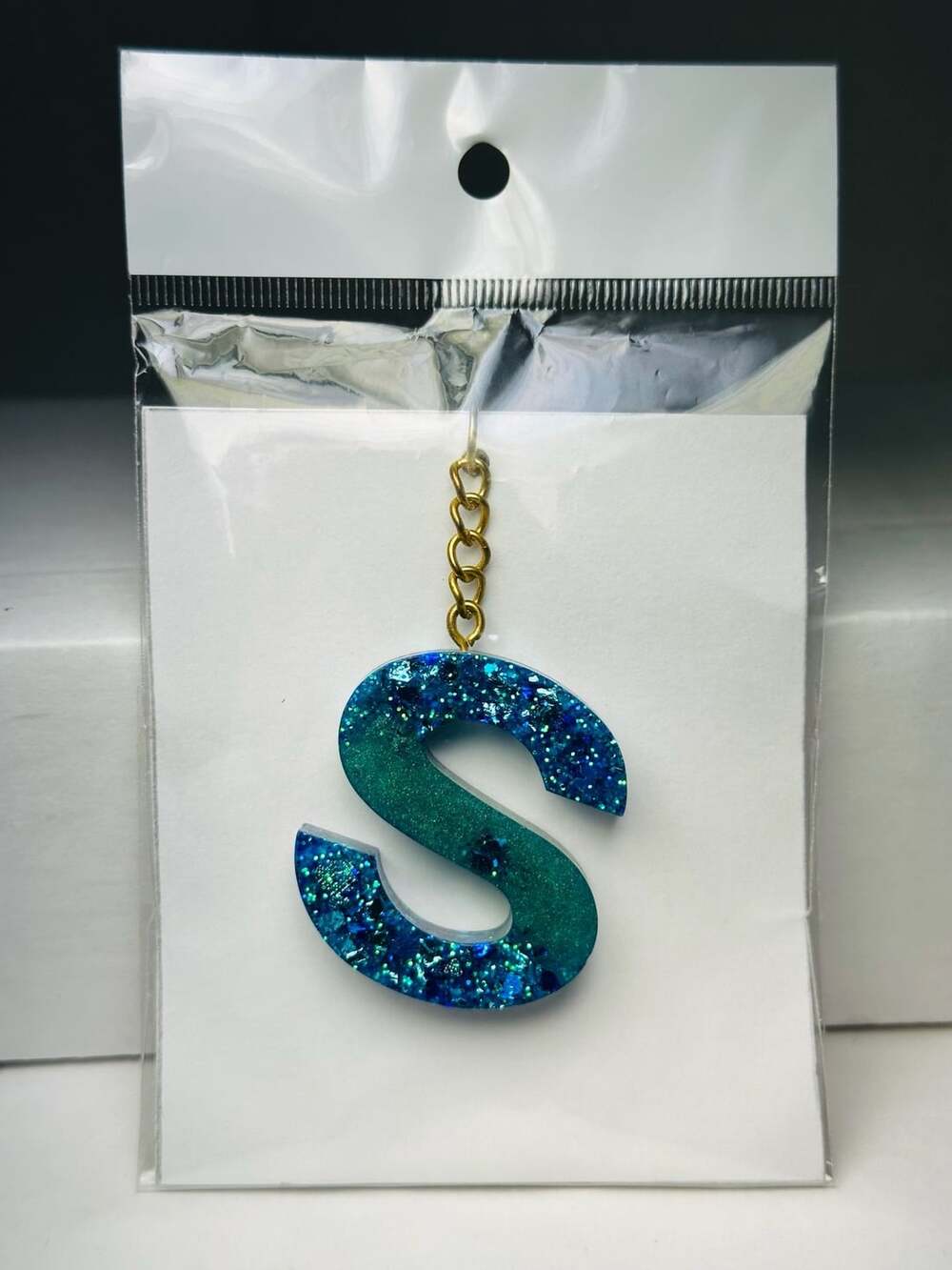 Letter S Keychain, Glitter Resin Initial Key Ring, Blue Green